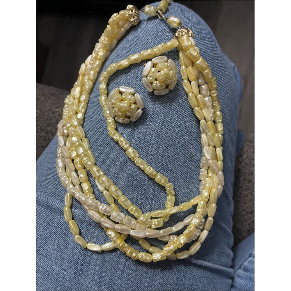 Vtg 50s Hong Kong Lucite Baroque Pearl 6 Strand Necklace Set